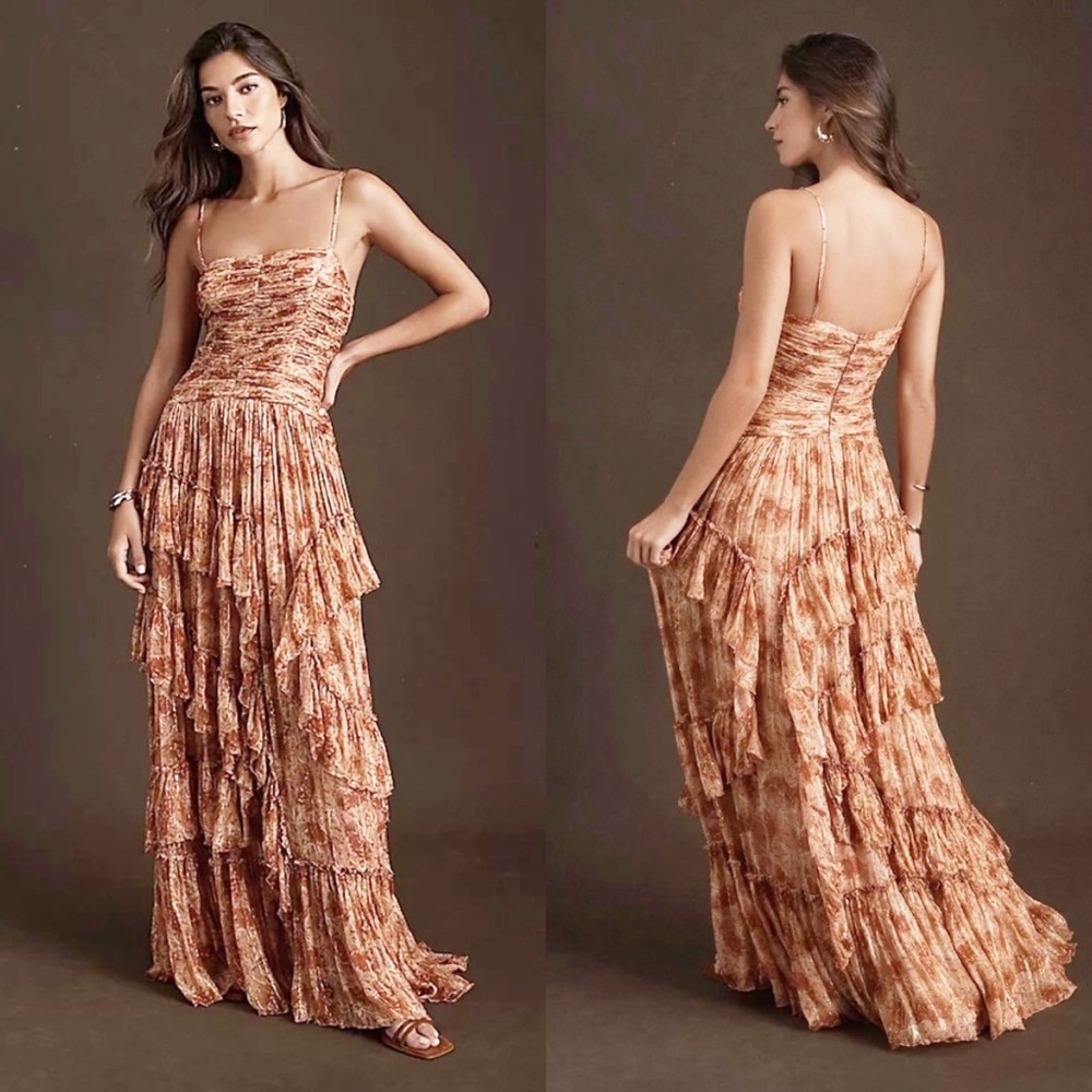 Anthropologie BHLDN Jessa Assymetrical Ruffled Drop Waist Gown in Gold